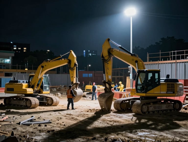 A construction site at night located in an urban area, featuring a yellow excavator with the label 'John Civetta' on its rear. The scene is surrounded by tall, illuminated office buildings. The area is cordoned off with construction barriers and traffic cones, highlighting the ongoing work. Metal fencing lines one side, adding to the industrial atmosphere.