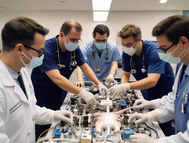 A workshop setting features two men seated on chairs, one wearing a hat and the other a cap. A young person lies on the ground with a dog next to them. Tools, a red vehicle, and various workshop items are in the background.