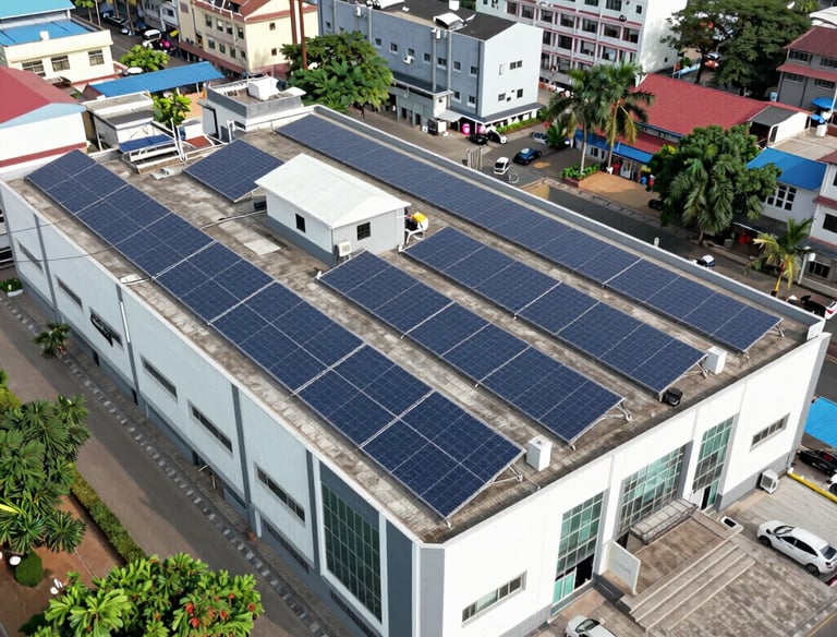 Solar panels installed on a commercial building with workers inspecting the setup.