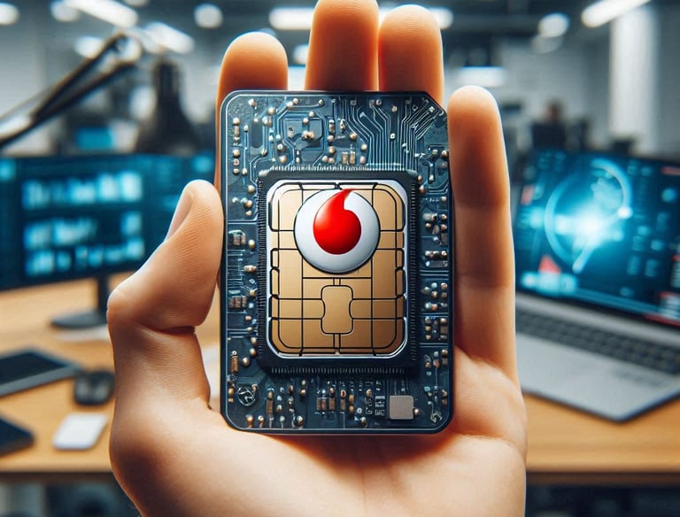 eSIM de Vodafone en primer plano, con detalles del chip y el logo de Vodafone