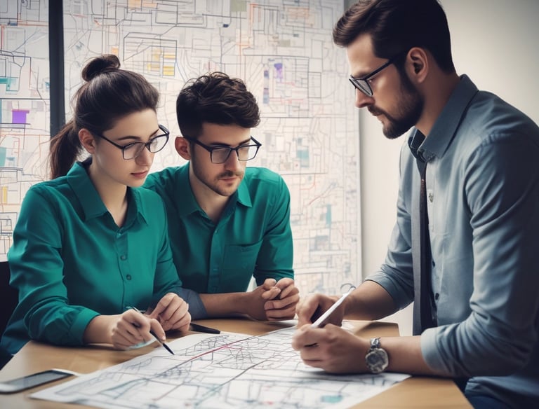 A business consultant discussing strategies with a client at a desk.