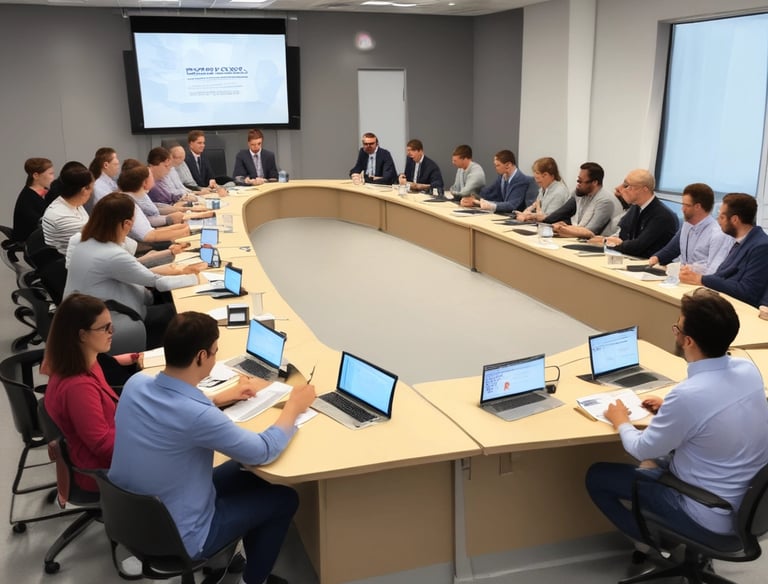 A team of professionals collaborating around a conference table with documents.