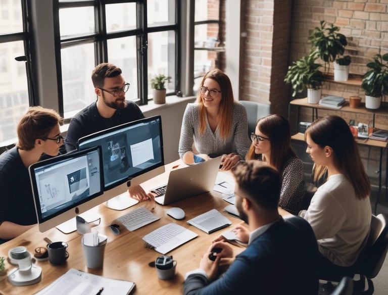 A digital marketing team brainstorming ideas in a modern office.