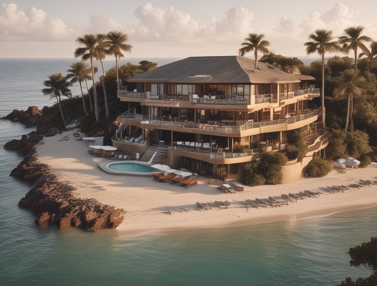 A beachfront condominium with yellow-tinted exteriors and several balconies is situated next to a sandy beach. The sky above is partly cloudy with patches of blue, creating a dramatic backdrop. There are multiple white and blue-striped beach chairs lined up on the sand, with some seagulls visible near the shoreline. Sparse greenery and palm trees are present near the building.