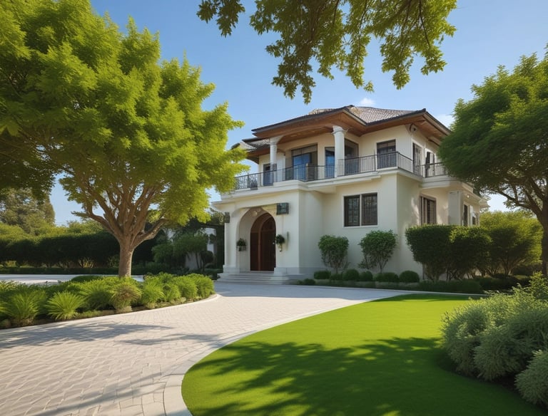 A scenic view of a coastal hillside with multiple large houses and villas surrounded by greenery. A tall palm tree is in the foreground, contrasting with a partially cloudy sky. The architecture consists of cream and earth-toned buildings, some with arched windows.