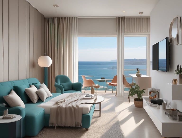 The image features a scenic coastal hillside with a series of modern, multi-story homes and villas nestled among lush green foliage. The architecture is sleek and contemporary with large glass windows and balconies that offer a view of the ocean. The hillside is densely packed with trees and shrubs, creating a verdant backdrop. At the forefront, there is a rocky beach with sand and a stone wall separating the properties from the shoreline.