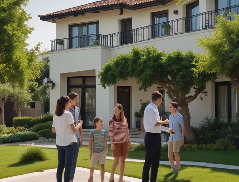 A street view of a modern building featuring a vertical red sign with the letters 'ROHAN ACC.' The building is composed of blue and gray panels with multiple windows. Power lines crisscross the scene, and part of a sign with 'GEE ESS F' is visible at the bottom.