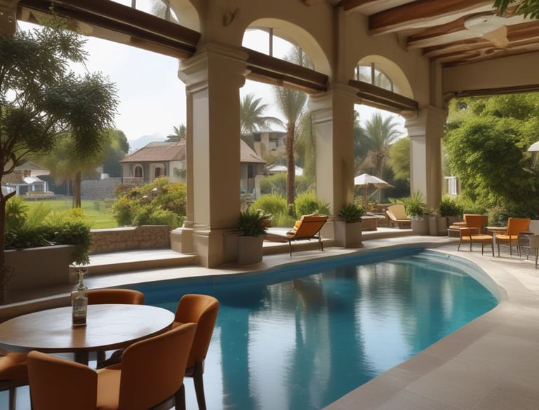 Large red letters spelling 'ALIBAG BEACH' are prominently displayed on a manicured grass platform. The backdrop consists of modern white buildings with red accents surrounded by palm trees. The foreground features a patterned array of concrete structures on a sandy surface.