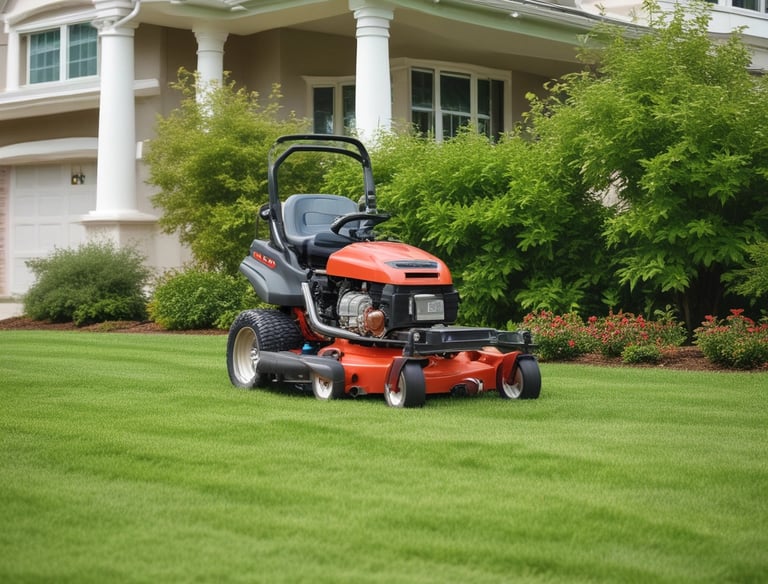A person operates a green ride-on lawnmower, cutting grass around a small bush on a well-maintained lawn.