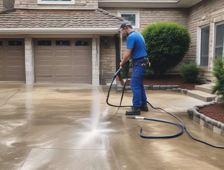 A residential street is covered with branches and leaves, possibly from recent tree maintenance or storm damage. A worker, standing on a service vehicle lift, is trimming trees near a two-story house with a brick facade. The street is lined with several trees and parked cars.