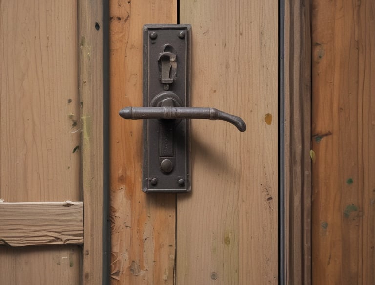 An exterior view of a partially renovated building with an old, weathered facade. A large banner hangs above with a message in Portuguese about renovating the neighborhood. The building's walls show signs of decay, with visible scaffolding and an urban setting surrounding it. A tree is seen to the right of the image.