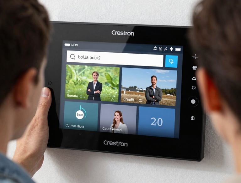 A woman with long hair, dressed in a black tank top and gray pants, is interacting with a smart home device mounted on a wall. She is holding a tablet in her left hand. The setting appears to be a modern home entryway with a wooden door featuring horizontal glass panels. A small side table near the wall supports a plant and some decorative items.
