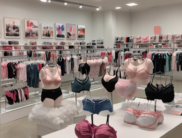 A retail store showcases clothing and sportswear on mannequins and hangers, with large vibrant posters featuring children in sports attire above. The interior displays bright garments and accessories on shelves and racks.