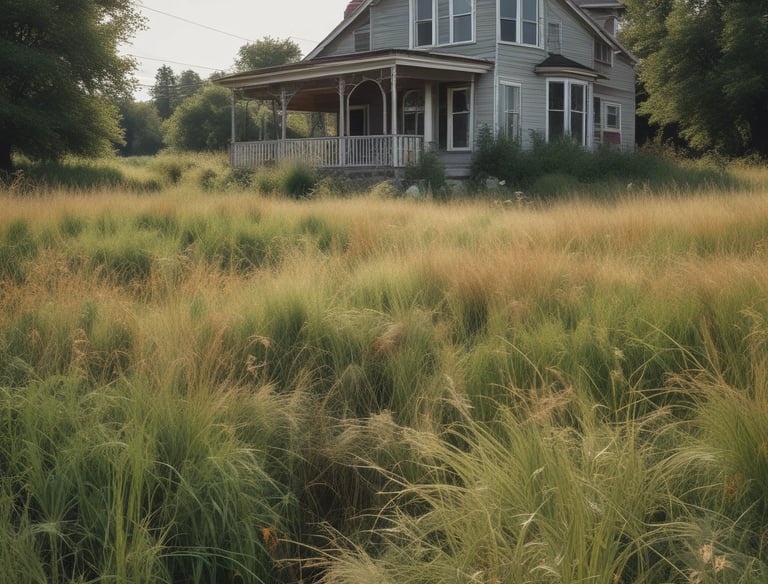 An abandoned brick building stands in a field, with its structure partially deteriorated. The windows are broken, and the roof appears to be collapsing. Leafless trees and overgrown grass surround the building, indicating neglect and decay.