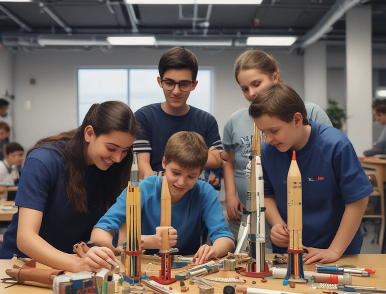 A group of students working together on a drone project in a classroom.