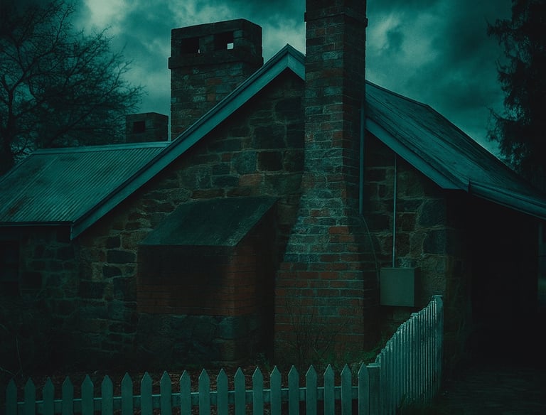 A spooky image of Bulundells Cottage in dark, ominous colours