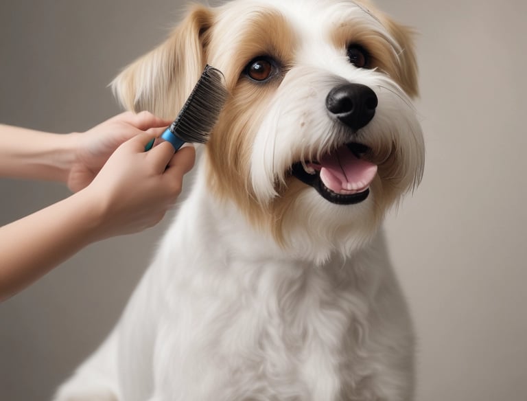 A small, fluffy dog with a gray and white coat is standing on a grooming table, attached with a blue harness. The room is well-lit with large windows and contains grooming equipment including dryers and a pair of scissors. Another dog, partially visible, is on a similar table in the background.