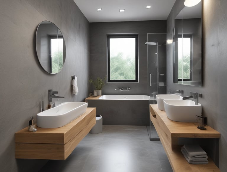 An interior space appears to be under renovation, featuring a large, decorative marble wall with an intricate pattern. Scaffolding, tools, and materials are scattered throughout the room, including a cart, power tools, and a table. The room is lit by natural light coming through large windows, adding to the sense of openness.