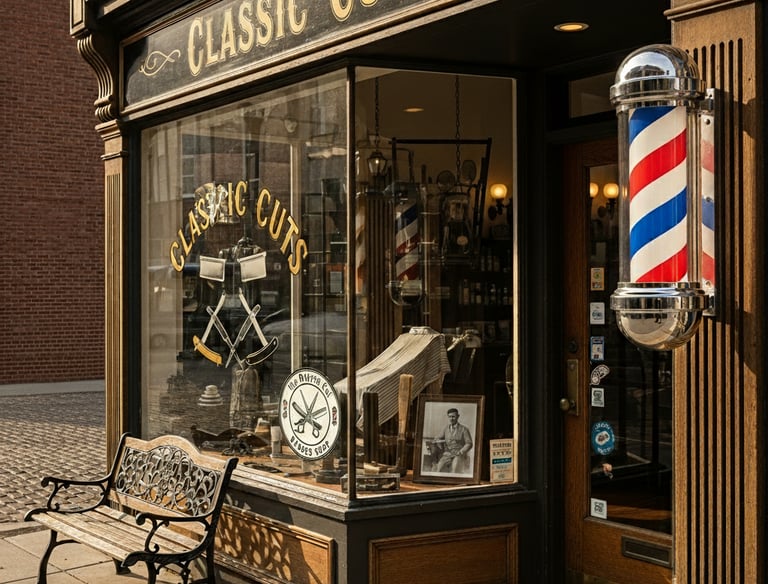 a barber shop with a bench and a barber shop