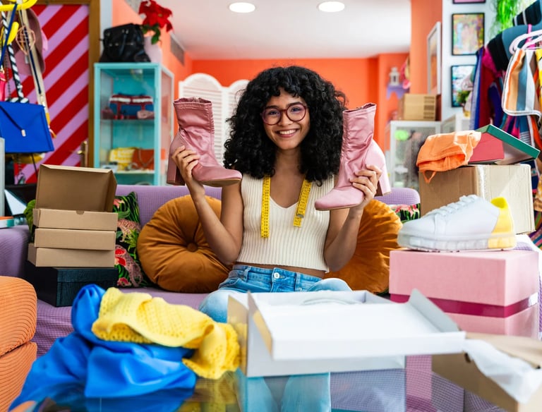 a woman sitting on a couch in a room with boxes of clothes