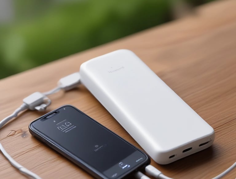 A black power bank, a small camera with a tripod, and a black multi-port charger are placed on a purple laptop sleeve on a dark surface.