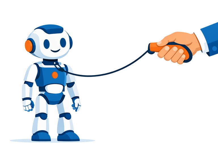 Pequeño simpático robot atado con una correo de perro.