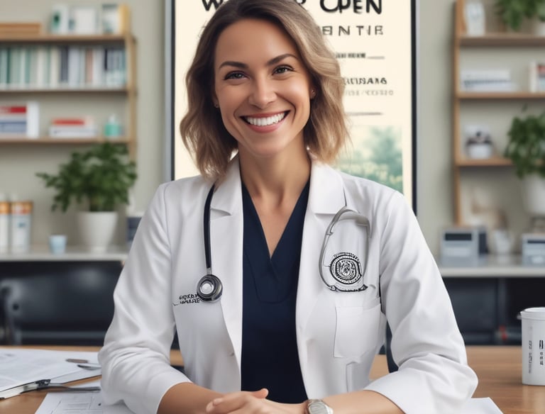 a woman in a doctor's office with a stethrobe