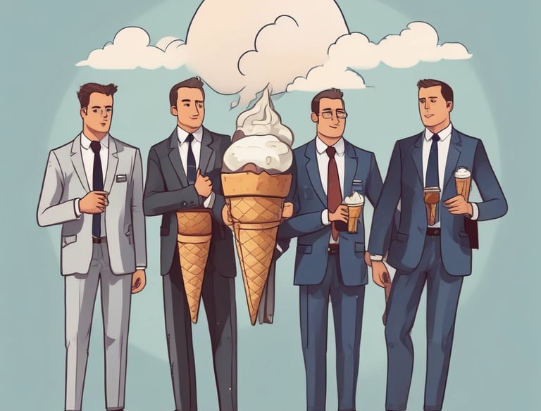 An outdoor setting with a vintage-style ice cream truck parked on a paved surface. The truck has a red stripe and an open service window displaying various ice cream cones and products. Several people, including a woman in a striped dress and others wearing casual summer clothing, are gathered around the truck, possibly ordering or waiting for ice cream.