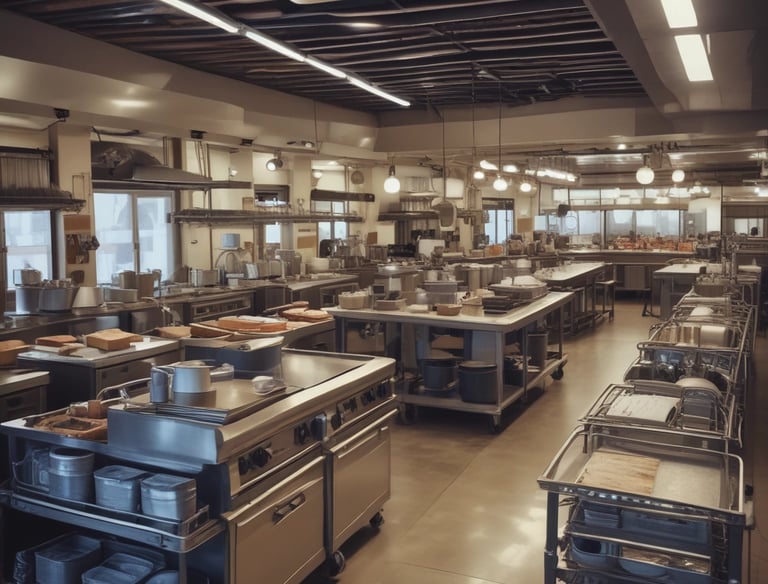 A spacious warehouse with tall shelves filled with various boxes and pallets. A yellow forklift is parked in the aisle, surrounded by organized inventory. The environment appears clean and well-lit, with items neatly stacked on metal racks.