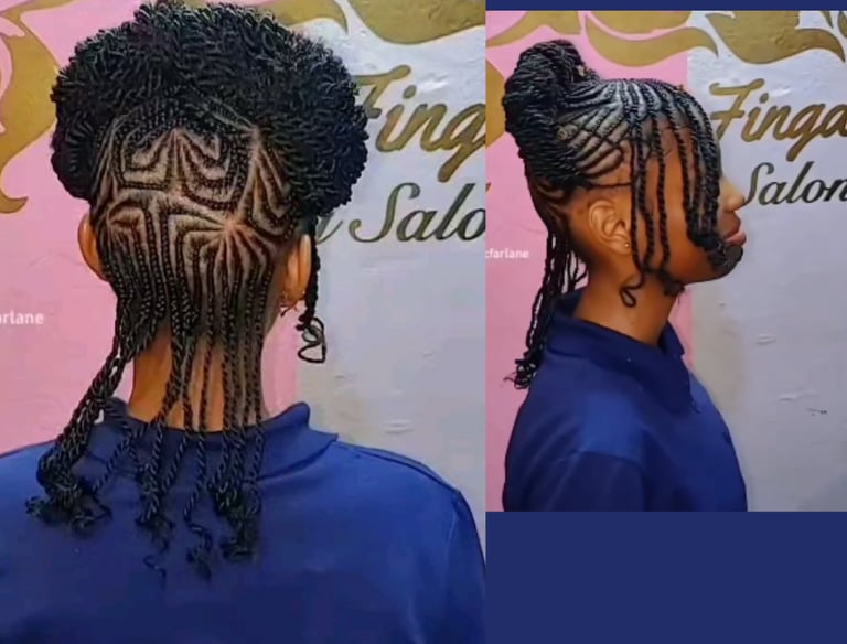 A young woman wearing an intricately braided cornrow updo, featuring detailed geometric parting designs at the back of her he