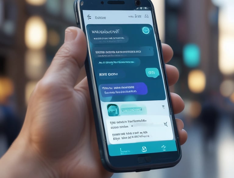 Chatbot interface on a smartphone showing 24/7 customer support conversation.