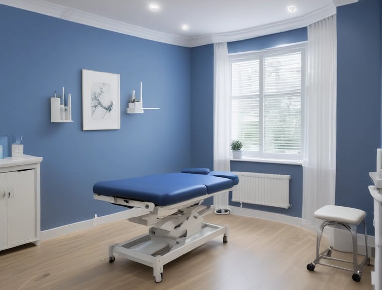 A serene treatment room with a massage table and calming decor.