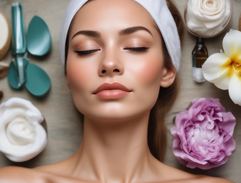 Essential oils and stones arranged on a table.
