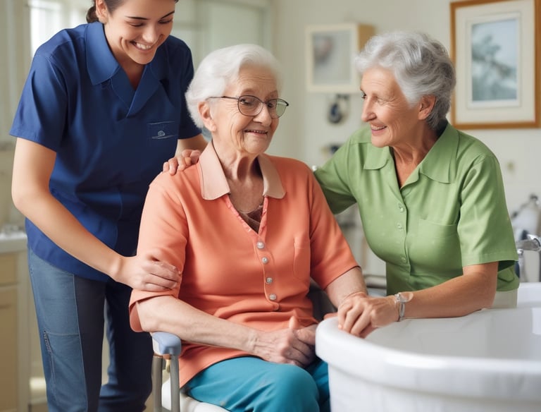 A caregiver gently assisting an elderly person with dressing.