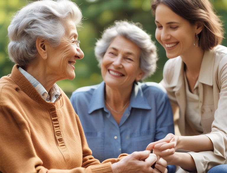A caregiver and client enjoying a walk in a park.