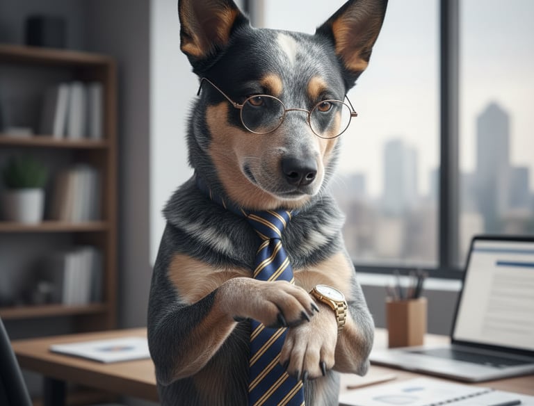professional Australian cattle dog wearing wrist watch and eyeglasses in office