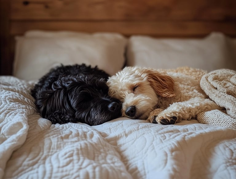two dogs sleeping on a bed with a blanket during day care