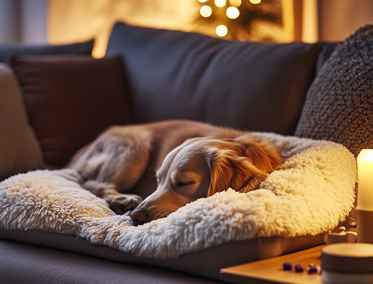 a dog laying on a couch with a candle lite up