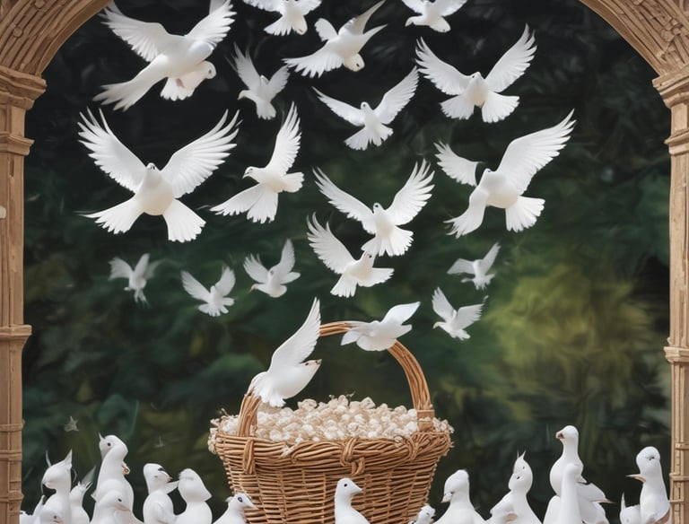 A group of doves are perched closely together with a clear, vivid blue sky in the background. The foreground features five doves, four of which are white and one with ornate brown feathers. The background is adorned with decorative hanging ornaments and street lamps, creating a festive and elegant atmosphere.