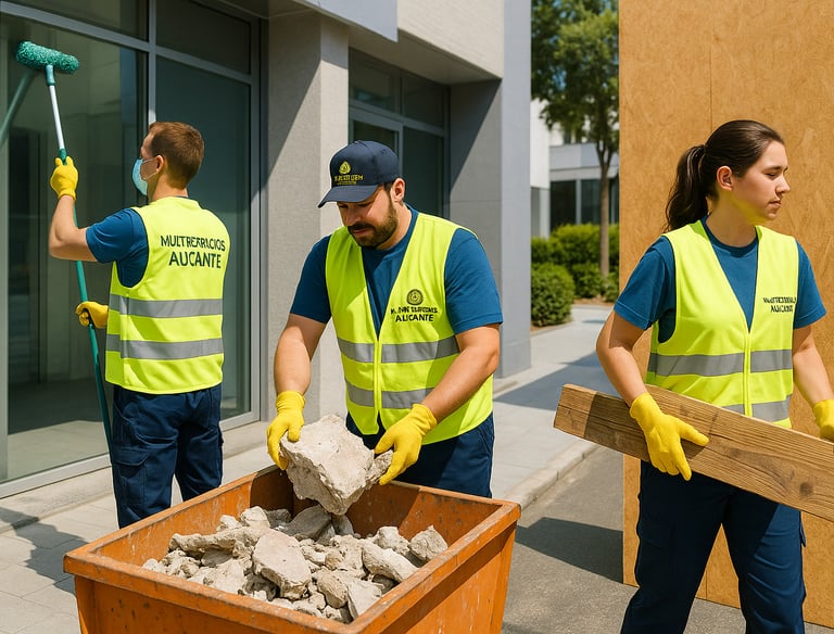 Tres trabajadores de Multiservicios Alicante, limpiando una cristalera y otros escombros y madera