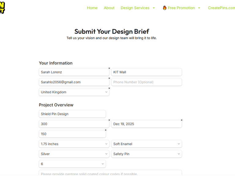 a webpage with a design brief on the bottom of the page