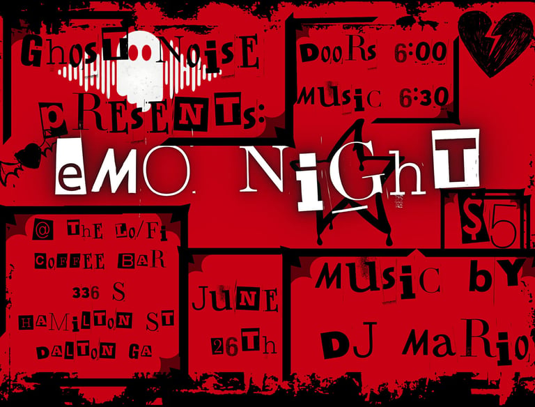 Red and black Emo Night flyer for Ghost Noise at The Lo-Fi Coffee Bar in Dalton, Georgia.