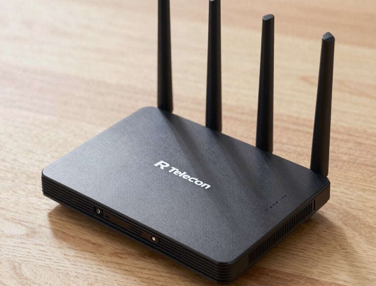 A white Wi-Fi router with two antennas positioned vertically. The router is seen from the back, showing ports and connectors including Ethernet ports, a power switch, and a power input. The device is placed on a dark surface against a light background.