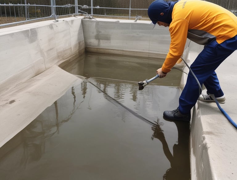 A rectangular swimming pool features two sections with the closer section having darker tiles and a more shallow appearance. The pool is bordered by stone and brick columns supporting wooden beams, creating an open, rustic look. Surrounding the pool is a patio area with lounge chairs, and the scene is set against a backdrop of cloudy sky and trees.