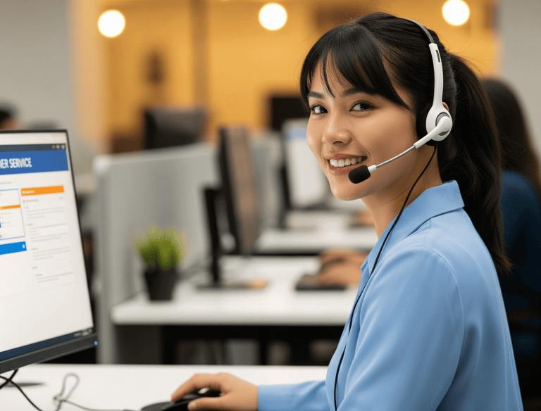 Smiling female call center agent with headset providing customer service at Naukri Bazar Consultancy