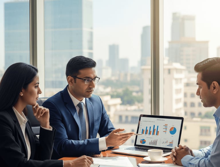 Man and woman discussing at a modern desk with laptop at Naukri Bazar Consultancy.