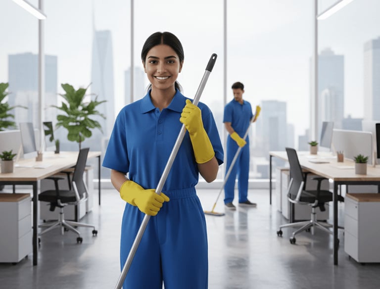 Woman holding a mop, performing cleaning duties at Naukri Bazar Consultancy office.