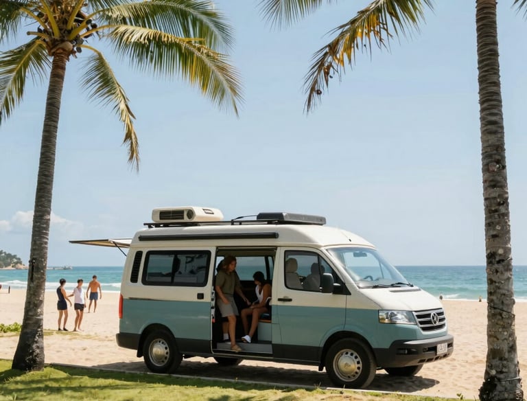 The interior of a camper van features a compact kitchen area with a sink, wooden countertop, and multiple drawers. There are overhead cabinets with warm lighting, along with wood-paneled ceiling and white wall accents. In the background, a cushioned bed is positioned at the rear of the van.