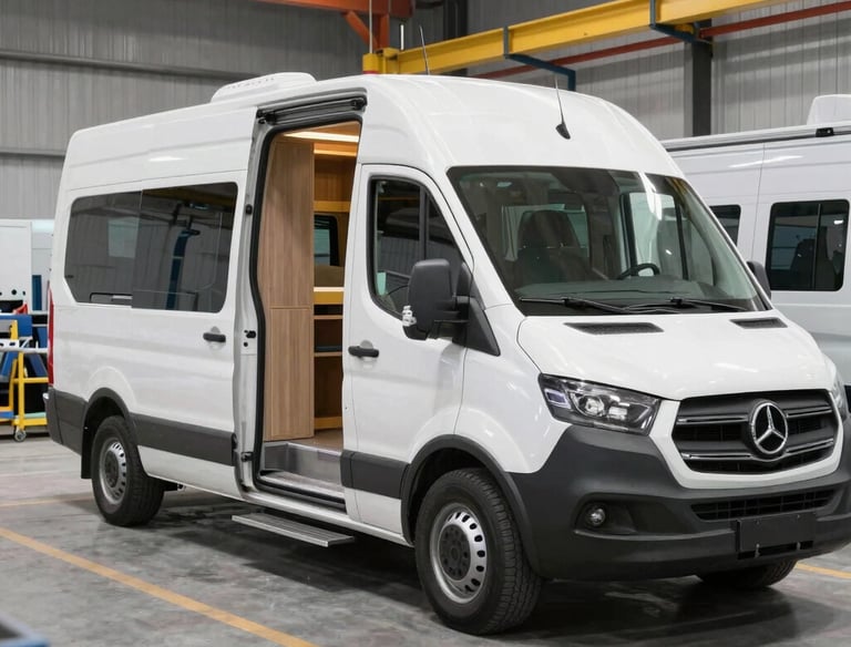 The interior of a camper van featuring a compact kitchen space with a sink and stove. The van has retro-style cabinets and a counter decorated with vintage comic book prints. There is a striped cushioned bench on the left, and the front seats have patterned fabric covers. A small wooden table and a window with a curtain complete the cozy setup.