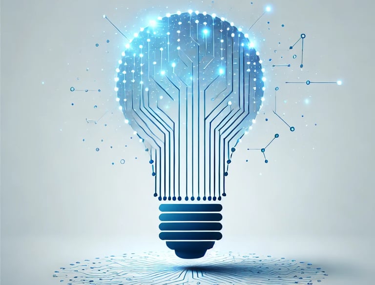 glowing lightbulb made of simple digital circuit lines, transitions into interconnected nodes